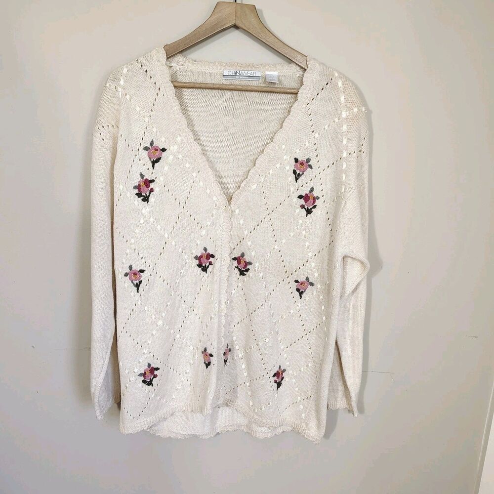 Vintage Womens Romantic Cardigan L Ivory Embroidered Floral Knit Coquette